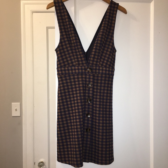 Navy & Tan gingham overall dress - Picture 1 of 5